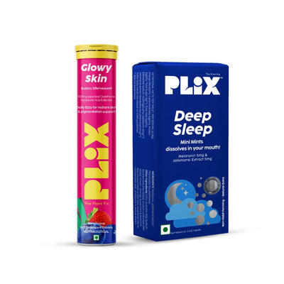 مجموعة PLIX THE PLANT FIX Beauty Sleep Combo - Deep Sleep 30 Mini Mint Mint Mint مع الميلاتونين لنوم هانئ وتوهج البشرة، و15 قرصًا فوارًا من الجلوتاثيون لبشرة شابة ومتوهجة
