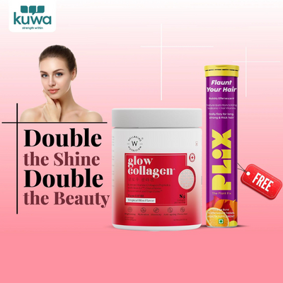ببتيدات الكولاجين البحرية اليابانية من Wellbeing Nutrition Glow، 250 جرام + مجموعة مجانية من 15 قرصًا فوارًا من Plix Flaunt Your Hair Orange Burst