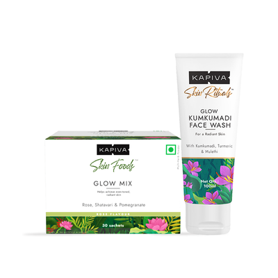 مجموعة KAPIVA Glow Mix Rose وShatavari وPomegranate 30 كيسًا وغسول الوجه KAPIVA Glow Kumkumadi Skin Rituals 100 مل