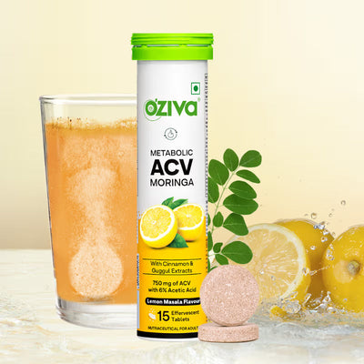 Oziva Acv Moringa | Control Cravings I Apple Cider Vinegar, Cinnamon, Guggul I No Maltodextrin & No Added Sugar I 15 Effervescent Tablets - Lemon Masala, (15 Tablets)