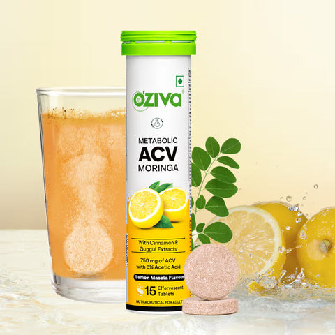 Oziva Acv Moringa | Control Cravings I Apple Cider Vinegar, Cinnamon, Guggul I No Maltodextrin & No Added Sugar I 15 Effervescent Tablets - Lemon Masala, (15 Tablets)