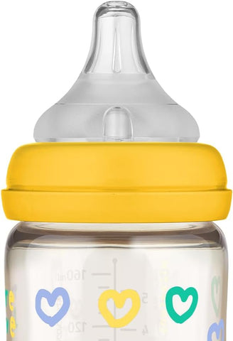 Moyuum PPSU All-in-One Feeding Baby Bottle with Nipple 170ml (0-3 months) - Anti Colic, BPA Free & Easy Clean Wide-Neck Non-Tip Stable Base - More love (SOOSOOJIN) Edition - Yellow
