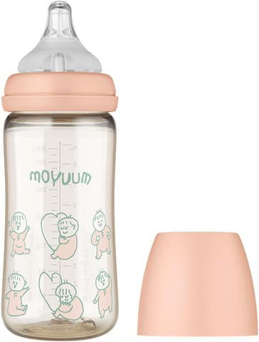 Moyuum PPSU All-in-One Feeding Baby Bottle with Nipple 270ml (+3 months) - Anti Colic, BPA Free & Easy Clean Wide-Neck Non-Tip Stable Base - Dear Dear Edition - Coral Pink