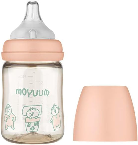 Moyuum PPSU All-in-One Feeding Baby Bottle with Nipple 170ml (0-3 months) - Anti Colic, BPA Free & Easy Clean Wide-Neck Non-Tip Stable Base - Dear Dear Edition - Coral Pink