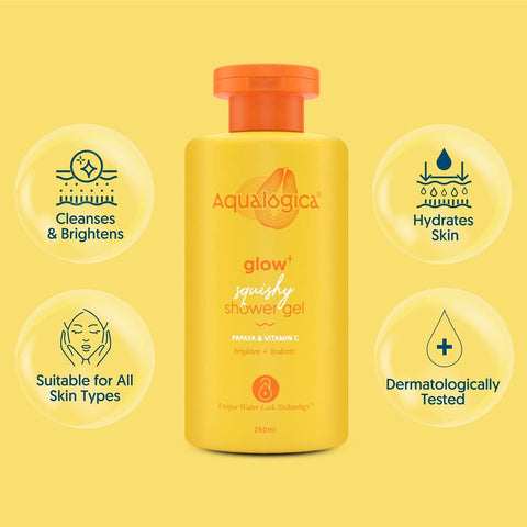 Aqualogica Body Wash Glow+ Squishy Shower Gel With Papaya & Vitamin C For Dry, Oily, Glowing & Hydrated Skin For Men & Women -250ml