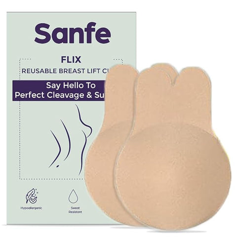 Sanfe Flix Reusable Boob Lift Cups | for Breast Push Up | Braless, Padded, Rabbit (Nude) | A-C Cup Size - 2 Pieces