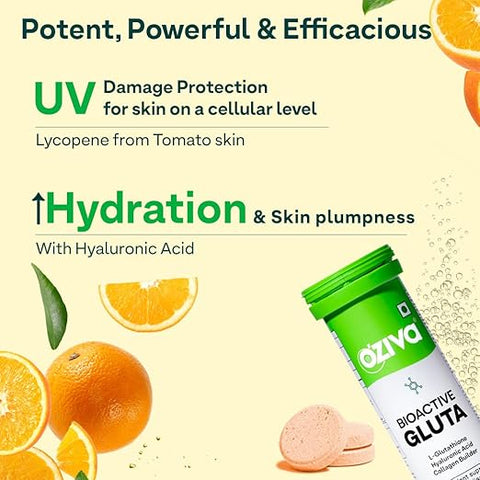 Oziva Bioactive Glutathione Tablets For Radiant Skin - 15 Effervescent Tablets | L-Glutathione, Lycopene, Vitamin C For Skin Glow & Anti-Pigmentation|Orange