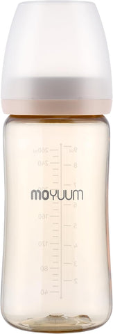 Moyuum PPSU All-in-One Feeding Baby Bottle with Nipple 270ml (+3 months) - Anti Colic, BPA Free & Easy Clean Wide-Neck Non-Tip Stable Base - Liama Edition - Beige