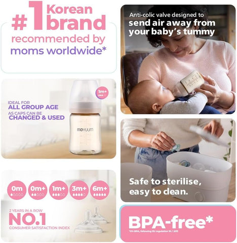 Moyuum PPSU All-in-One Feeding Baby Bottle with Nipple 170ml (0-3 months) - Anti Colic, BPA Free & Easy Clean Wide-Neck Non-Tip Stable Base - Cat Edition - Purple