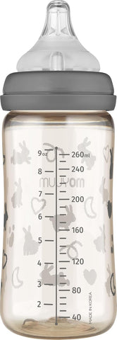Moyuum PPSU All-in-One Feeding Baby Bottle with Nipple 270ml (+3 months) - Anti Colic, BPA Free & Easy Clean Wide-Neck Non-Tip Stable Base - Cat Edition Grey