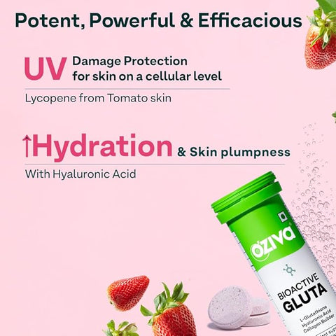 Oziva Bioactive Glutathione Tablets For Radiant Skin - 15 Effervescent Tablets | L-Glutathione, Lycopene, Vitamin C For Skin Glow & Anti-Pigmentation | Strawberry Swirl
