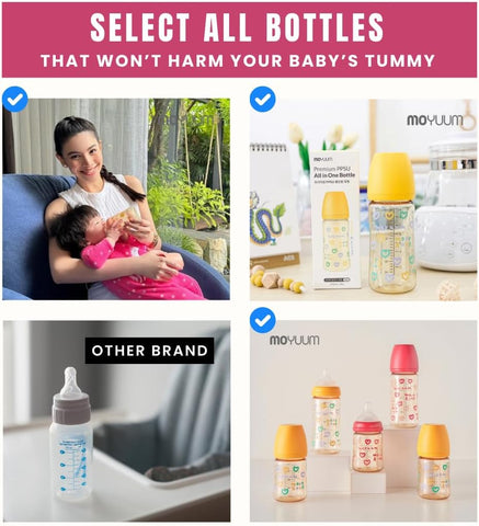 Moyuum PPSU All-in-One Feeding Baby Bottle with Nipple 270ml (+3 months) - Anti Colic, BPA Free & Easy Clean Wide-Neck Non-Tip Stable Base - Rabbit Edition - Pink