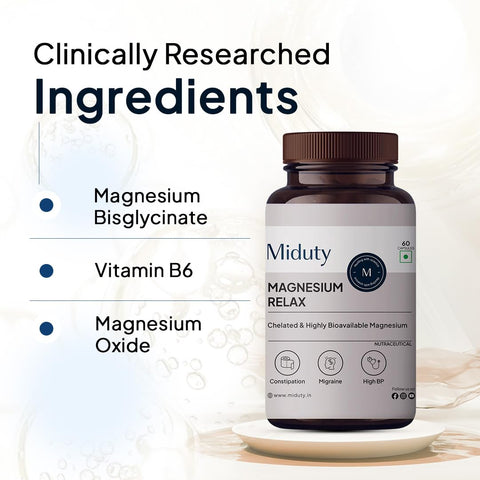 Miduty Chelated Magnesium Bisglycinate with Vitamin B6 - High Absorption 60 Veg Capsules