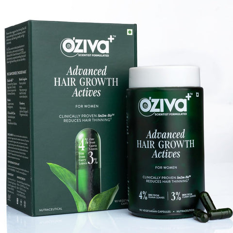 Oziva+ Advanced Hair Growth Actives | Reduces Thinning Hair & Improves Scalp Coverage | Scientist Formulated With Pure Plant Actives | No Side Effects | 90 Caps