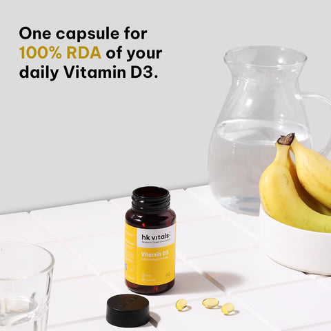 HK Vitals Vitamin D3 (600 Iu) (60 Capsules) | With Sunflower Oil, Promotes Calcium Absorption | Bone Health, Muscle Strength & Immunity