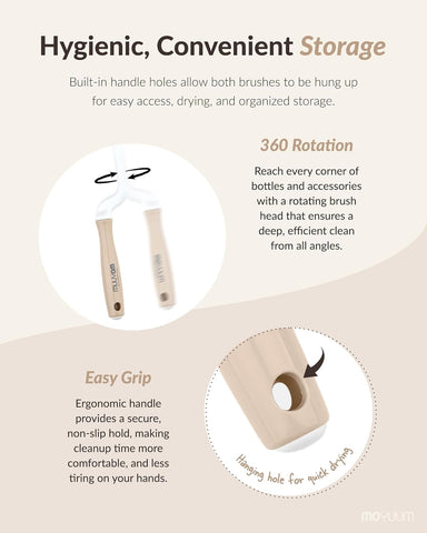 Moyuum Silicone Bottle Cleaning Brush Set Spong Bottle & Nipple Brus with 360° Rotating Handle – Soft, Scratch-Free Bristles for Baby Bottles, Nipples & Glasses, Quick-Drying and Durable (Beige)