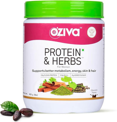 Oziva Protein & Herbs For Women,Â Chocolate Flavor, 500G Natural Protein Powder For Weight Control, Better Metabolism & Hormonal Balance, 23G Whey Protein, Ayurvedic Herbs, Certified Clean
