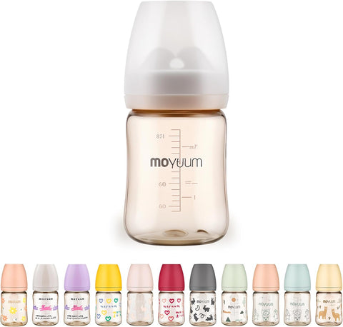 Moyuum PPSU All-in-One Feeding Baby Bottle with Nipple 270ml (+3 months) - Anti Colic, BPA Free & Easy Clean Wide-Neck Non-Tip Stable Base - Real Fit Nipple - Beige