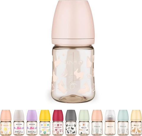 Moyuum PPSU All-in-One Feeding Baby Bottle with Nipple 270ml (+3 months) - Anti Colic, BPA Free & Easy Clean Wide-Neck Non-Tip Stable Base - Rabbit Edition - Pink