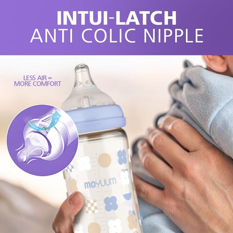 Moyuum PPSU All-in-One Feeding Baby Bottle with Nipple 270ml (+3 months) - Anti Colic, BPA Free & Easy Clean Wide-Neck Non-Tip Stable Base - Dear Dear Edition - Mint