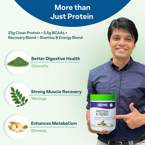 OZiva Protein & Herbs For Men, Chocolate Flavor, 500G Natural Protein Powder For Weight Control, Better Metabolism & Hormonal Balance, 23G Whey Protein, Ayurvedic Herbs, Certified Clean