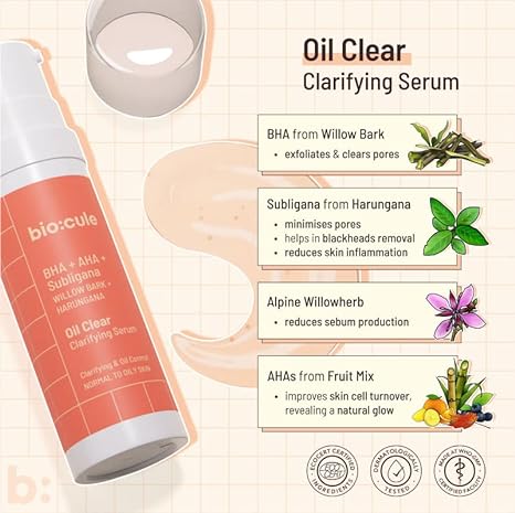 Biocule Oil Clear Clarifying Serum for Oil Control, Pore Tightening & Even Skin, Face Serum for Oily Skin