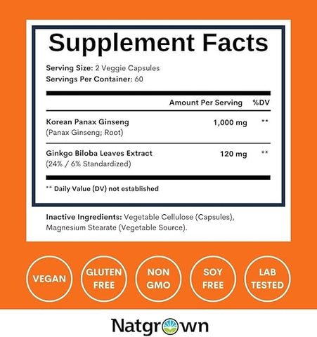 Natgrown Panax Ginseng And Ginkgo Biloba Complex Capsules 120