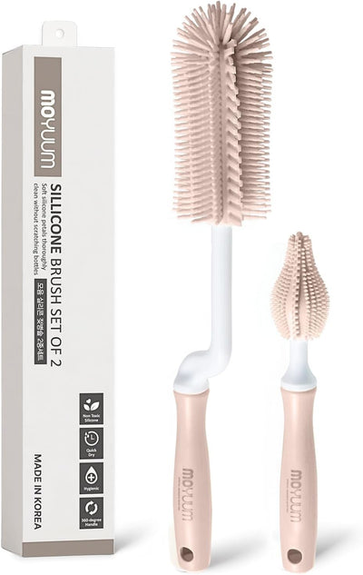 Moyuum Silicone Bottle Cleaning Brush Set Spong Bottle & Nipple Brus with 360° Rotating Handle – Soft, Scratch-Free Bristles for Baby Bottles, Nipples & Glasses, Quick-Drying and Durable (Beige)