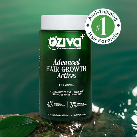 Oziva+ Advanced Hair Growth Actives | Reduces Thinning Hair & Improves Scalp Coverage | Scientist Formulated With Pure Plant Actives | No Side Effects | 90 Caps