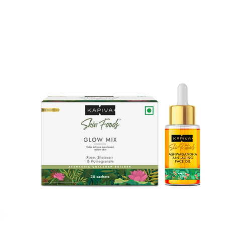 Kapiva Ashwagandha Anti Aging Face Oil 30 Ml+ Kapiva Skin Foods Glow Powder 108 Gram