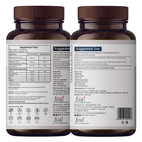 Miduty Chelated Magnesium Bisglycinate with Vitamin B6 - High Absorption 60 Veg Capsules
