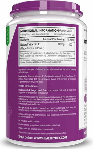 HealthyHey Vitamin E Capsules | Vitamin E for Skin & Hair | Sunflower - D-Alpha-Tocpherol -120 Veg Capsules