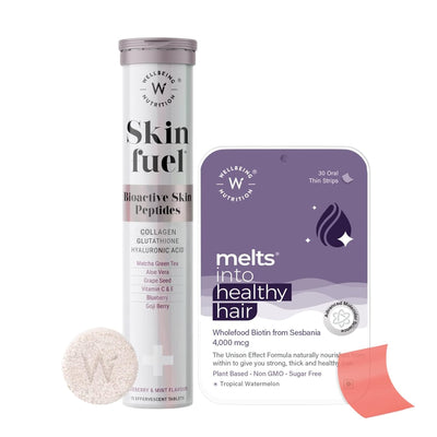 Wellbeing Nutrition Skin & Hair Beauty Pack | Collagen, L-Glutathione, Hyaluronic Acid Plant Based Biotin Fo-ti Extract (15 Effervescent Tabs + 30 Oral Thin Strips)