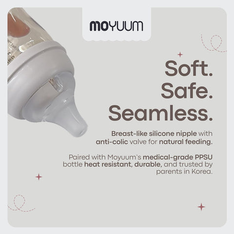 Moyuum PPSU Glass Feeding Baby Bottle with Nipple 240ml (+3 months) - Anti Colic, BPA Free & Easy Clean Wide-Neck Non-Tip Stable Base - Natural Plain Edition