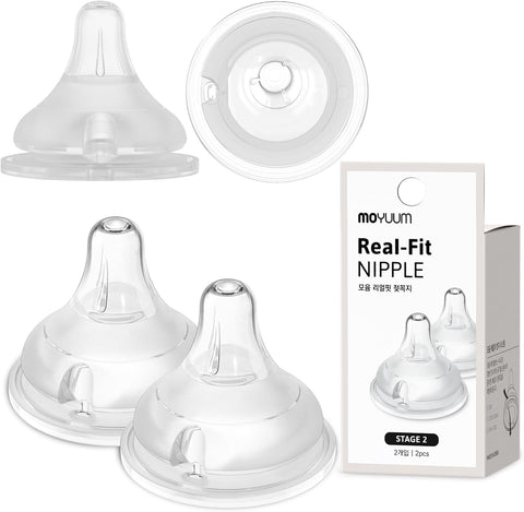 Moyuum 02 pcs Real-Fit Baby Bottle Nipple – Soft, Premium Material, Anti-Colic Air Valve, Safe & BPA-Free, Mom-Designed Comfort 2+ months (Stage 2)
