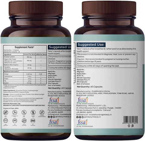 Miduty Liver Detox Capsules - Milk Thistle & NAC - 900mg, 60 Pack
