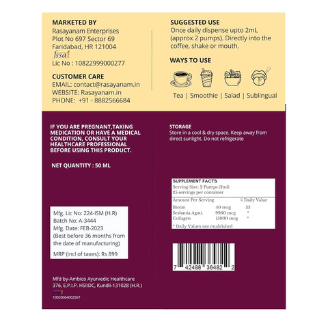 Rasayanam Liquid Biotin & Collagen Natural Berry Flavour 25000mcg 50ML