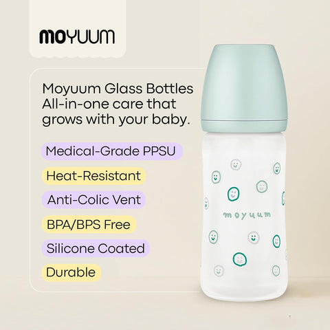 Moyuum PPSU Glass Feeding Baby Bottle with Nipple 150ml (0-3 months) - Anti Colic, BPA Free & Easy Clean Wide-Neck Non-Tip Stable Base - Natural Plain Edition