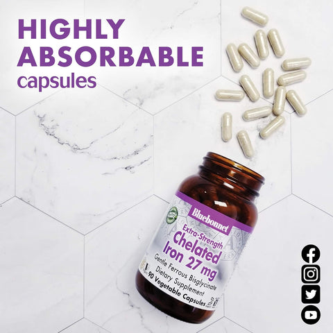 Bluebonnet Nutrition Extra Strength Chelated Iron, 27Mg, 90 Veggie Caps