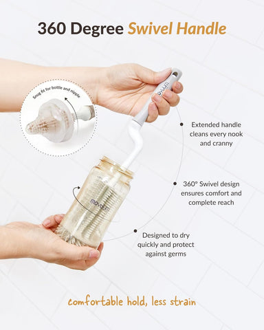 Moyuum Silicone Bottle Cleaning Brush Set Spong Bottle & Nipple Brus with 360° Rotating Handle – Soft, Scratch-Free Bristles for Baby Bottles, Nipples & Glasses, Quick-Drying and Durable (Beige)