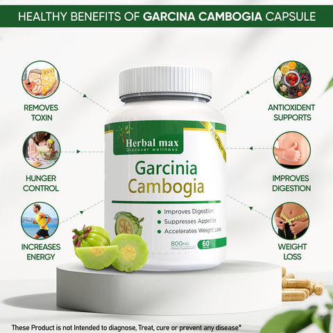 Herbal max Garcinia Cambogia Capsule with 70% HCA, Green Tea Extract, and Gugull Extract for Weight Management - 60 Capsule (Pack of 1)