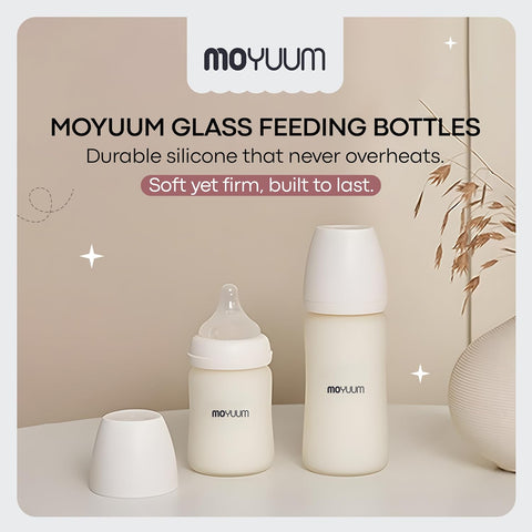 Moyuum PPSU Glass Feeding Baby Bottle with Nipple 150ml (0-3 months) - Anti Colic, BPA Free & Easy Clean Wide-Neck Non-Tip Stable Base - Natural Plain Edition