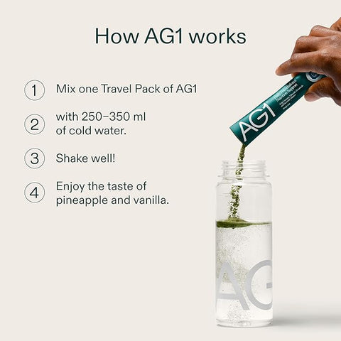 مسحوق الخضر اليومي AG1 – مسحوق مكمل غذائي شامل من الأطعمة الكاملة للمساحات الخضراء، عبوة سفر مع زجاجة (عبوتان)