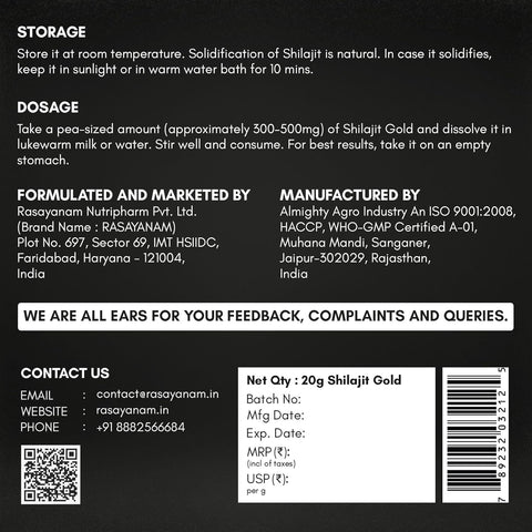 Rasayanam Shilajit Gold Resin 20g (80 Servings)