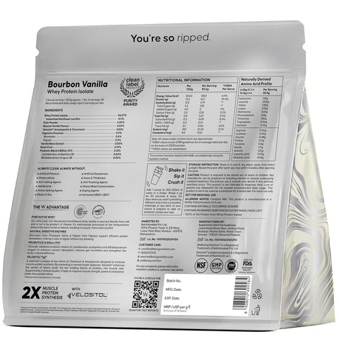 Wellbeing Nutrition Whey Protein Isolate - Bourbon Vanilla 1 Kg (28 servings)