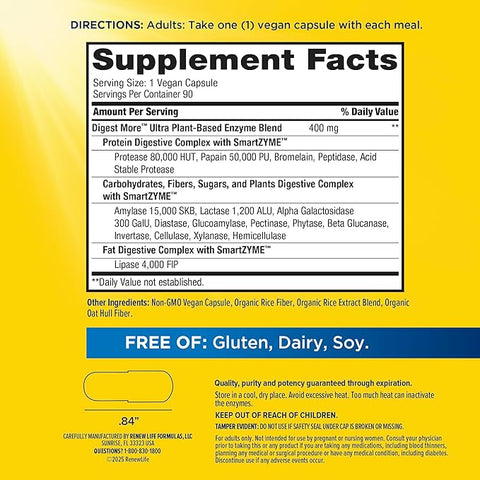 Renew Life Adult Digestmore Ultra Enzyme Supplement Vegetarian Capsules, 90 Count