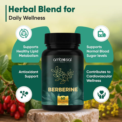 Ambrosial Berberine HCL Capsules - Herbal Diabetes Care, 500mg, 60 Count