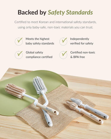 Moyuum Silicone Bottle Cleaning Brush Set Spong Bottle & Nipple Brus with 360° Rotating Handle – Soft, Scratch-Free Bristles for Baby Bottles, Nipples & Glasses, Quick-Drying and Durable (Grey)