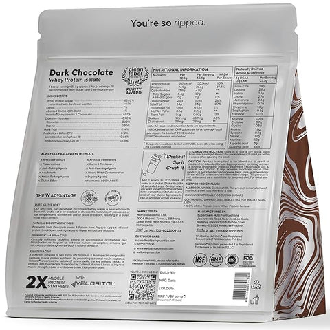 Wellbeing Nutrition Whey Protein Isolate Dark Chocolate 1kg