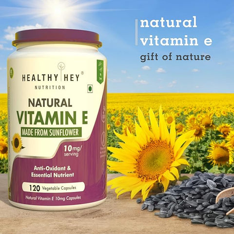 HealthyHey Vitamin E Capsules | Vitamin E for Skin & Hair | Sunflower - D-Alpha-Tocpherol -120 Veg Capsules